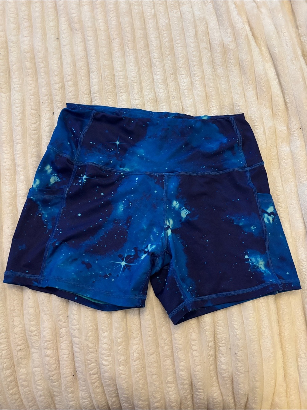 Galaxy Print High-Waist Athletic Shorts - Blue